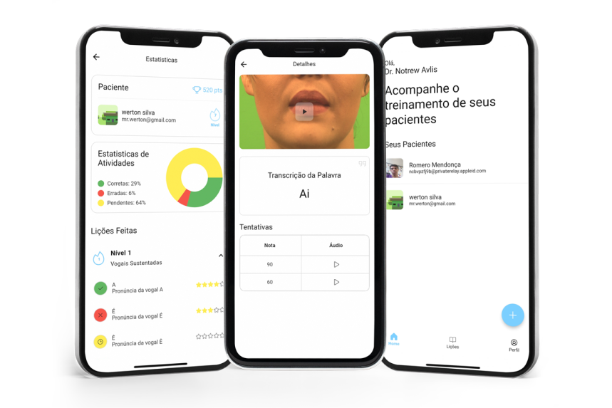 Telas do aplicativo para fonoaudiólogos